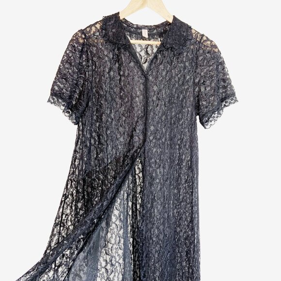 Vintage Black Lace Bed Jacket / Duster Dress by Dore / Made in Canada / Small - Picture 5 of 14